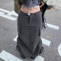 Chic Gray Long Skirts Fairycore Grunge Women Maxi Skirts Solid Shirring Pockets Harajuku Punk Y2k Clothes Fashion Aesthetic