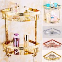 ☊ Bathroom Shelves 1/2 Layer Antique Brass Shower Corner Shelf Wall Mounted Shampoo Storage Rack Bathroom Basket Holder