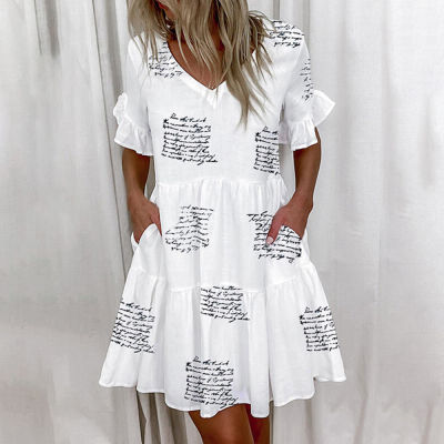 Casual Ruffles Loose V-Neck Dress Women Summer Short Sleeve Floral Print Woman Dress 2022 Fashion White Boho Beach Dresses 5XL