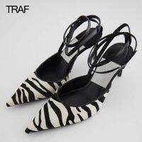 TRAF 2023 Cetakan Zebra Hak Tinggi Bertali Hak Tinggi Stiletto Tali Tali Belakang Wanita Musim กึ่งมัสซิม