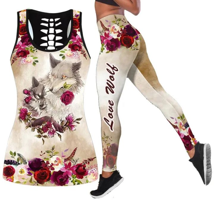 Rose Wolf Mother Yoga Outfit for Women Fashion 3D Printed Workout Leggings  Fitness Sports Gym Running Lift The Hips Yoga Pants Tank Top Yoga Set