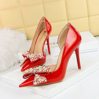 638-H6 Banquet High Heels Lacquer Leather Shallow Mouth Pointed Side Hollow Pearl Rhinestone Bow Tie Womens Single Shoes Super High Heels