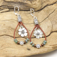 Bohemian style leather rope flower earrings, simple earrings, flower shaped jade earrings, beaded temperament, niche design 8DKK