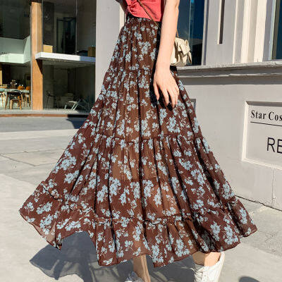 Spring Floral Patchwork A-line Maxi Long Boho Chiffon Skirts Elastic Waist Big Flared Crepe Chiffon Pleated Ankle Long Skirts