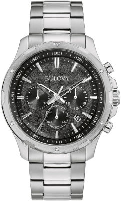 Bulova Mens Classic Stainless Steel Six-Hand Chronograph Quartz Watch, Black Dial Style: 96B336