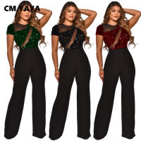 CM.YAYA Elegant Women Sequins Mesh Patchwork Straight Jumpsuit Sexy Night Party Short Sleeve Romper Spring Winter Overalls