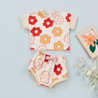 Infant Baby Girls Outfits Toddlers Summer Flower Print O-neck Short Sleeve Waffle T-shirts Tops+Shorts 2Pcs Clothes Sets  by Hs2023