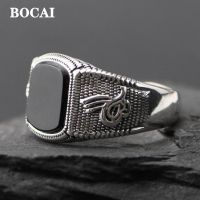 BOCAI New Solid Pure 100 S925 Silver R Craft Simple Trend Inlaid Black Agate Mens Ring Fashion Jewelry Accessories