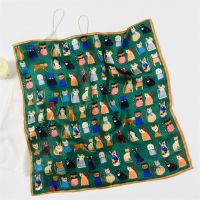 Designer 100 silk new small scarf female spring and summer fashion cartoon cat mulberry silk silk scarf decorative small square