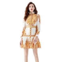 Womens Dress New Vintage Print 2023 Vacation Vintage Palace Style Standing Collar Loose Lantern Sleeves Colored Mini Dress