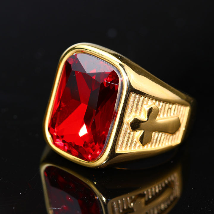แหวนหินสีแดงไม้กางเขนเหล็กไทเทเนียมสำหรับผู้ชายผู้หญิง