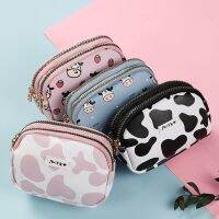 Dompet Koin Pola Sapi Lucu untuk Wanita Dompet Kartu Pelajar Saku Ganda Ritsleting Tas Kunci Portabel Lipstik Tas Penyimpanan Kartu Bank