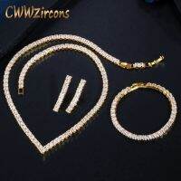 Cwwzircons Glite สร้อยคอเหลี่ยมเพชรเทียมเจ้าหญิงสีเหลืองชุดเครื่องประดับชุดเดรสปาร์ตี้สร้อยข้อมือผู้หญิง T414