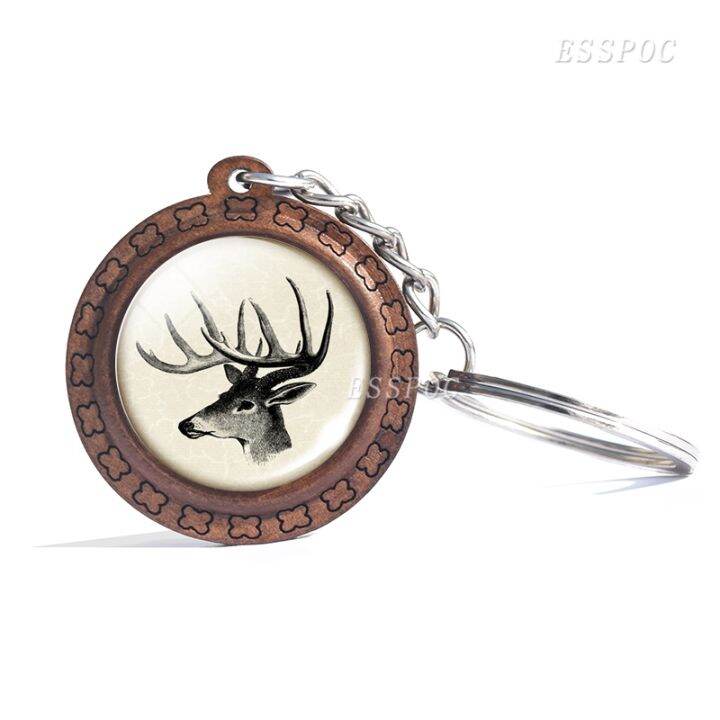 yf-deer-wooden-keychain-glass-cabochon-jewelry-women-men-vintage-animal-pendant-black-and-white-elk-key-chain-christmas-gifts