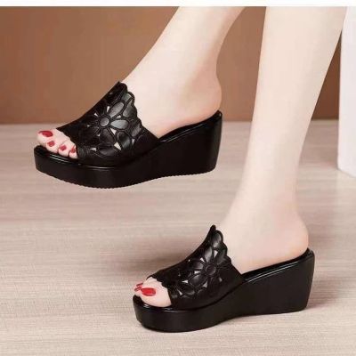 【CC】☜❦  wedges Sandals Thick Bottom Heel  hollow flowers Platform Slippers Fashion women shoes heels slippers