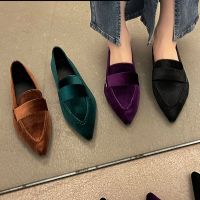 Womens Velvet Flats Pointed Toe Slip on Flat Shoes Woman Loafers Sewing Boat Shoes Plus Size 42 Black Green Brown Purple 1106N