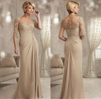 【YF】 Elegant Beaded Lace Champagne Mother of The Bride Dresses Plus Size Chiffon Half Sleeves Groom Evening Dress For Wedding