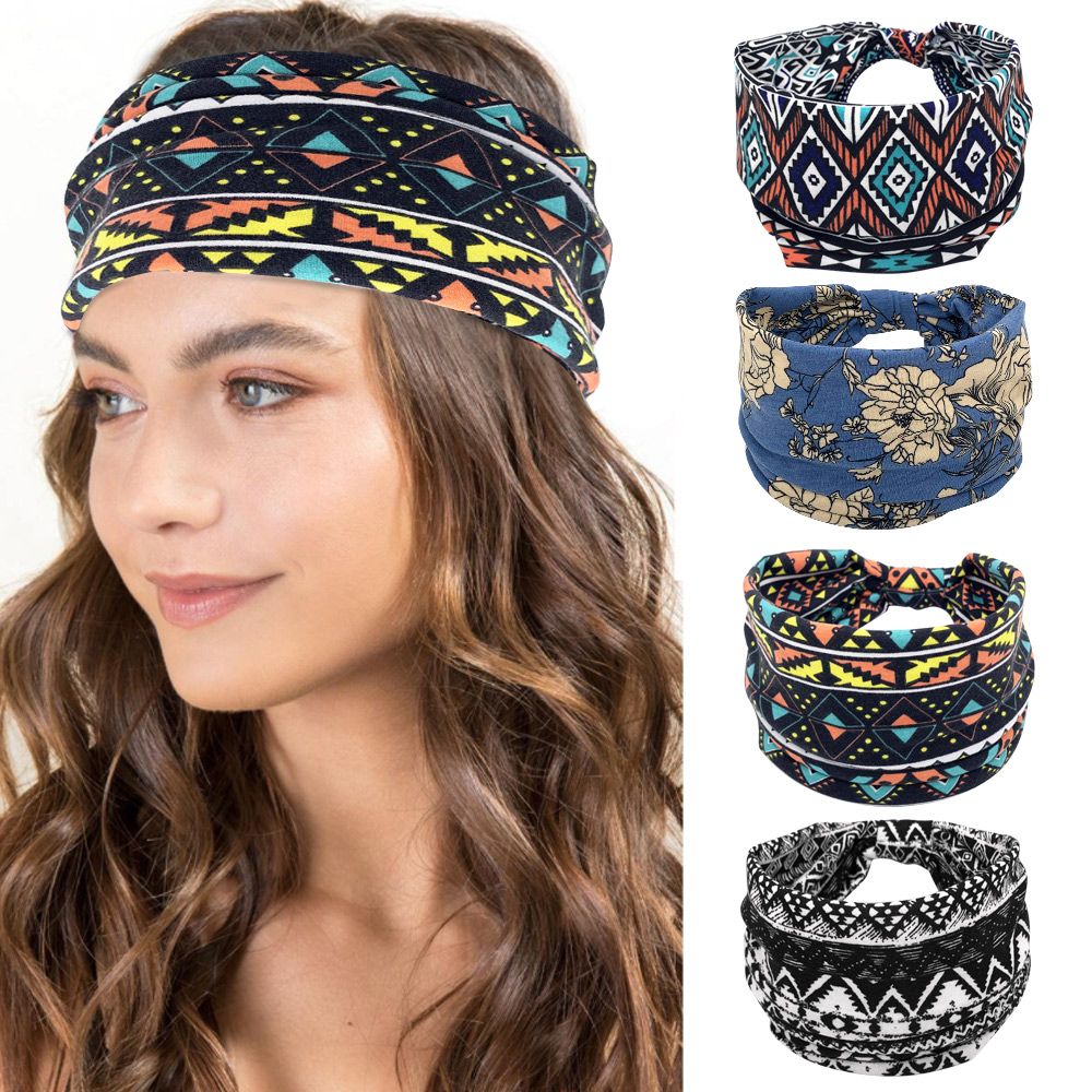 Women Boho Headband Turban Wide Elastic Sports Bohemian Headwear Yoga Hair Band Workout Headwrap 