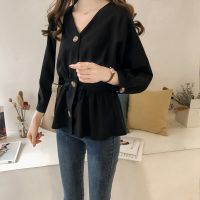 【On Clearance】Women Retro Hong Kong Flavor V-neck Long-sleeved Shirt Loose Blouse