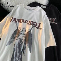 Lansboter เสื้อยืดแขนสั้นพิมพ์ลายนางฟ้าวินเทจสำหรับผู้ชายและผู้หญิงเสื้อแบบหลวมคอกลมฤดูร้อน