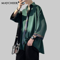 D&amp;BE   MAYCHEER เสื้อวินเทจ ชาย เสื้อเชิ้ตผู้ชายขนาดใหญ่เปิดลงปกปุ่มออกแบบหลวมด้านบนแฟชั่นวินเทจลำลองครึ่งแขนเสื้อ