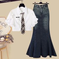 Plus size womens summer suit 2023 new style covering the flesh and slimming college shirt denim fishtail skirt two-piece set