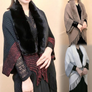 Anb Women Poncho Cloak Shawl Faux Fur Tassels Knitted Cardigans Batwing