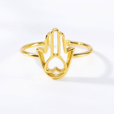 Vintage Gold Color Hearts Hand of Fatima Amulet Evil Eye Ring Hollow Heart Hamsa Hand Ring Female Wedding Engagement Jewelry