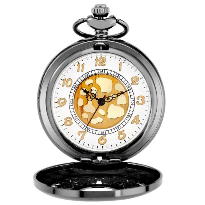 ของขวัญนาฬิกาขนาดพกพาย้อนยุคสีดำกลวงหนาแน่นจบหรูหราดอกไม้ควอตซ์สตีมพังค์จี้นาฬิกาพกพาโบราณ