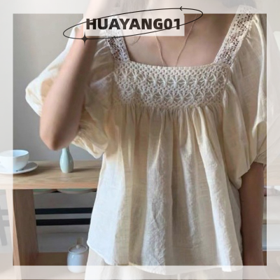 HUAYANG01เสื้อเชิ้ตหลวมแขนพองเก๋ๆ,เสื้อลำลองวันหยุด2023ชุด