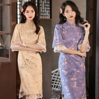 ฤดูร้อนจีนเด็กสาวผ้าฝ้าย Cheongsam คอจีนลูกไม้ตัดครึ่งแขน Qipao ชุดราตรี