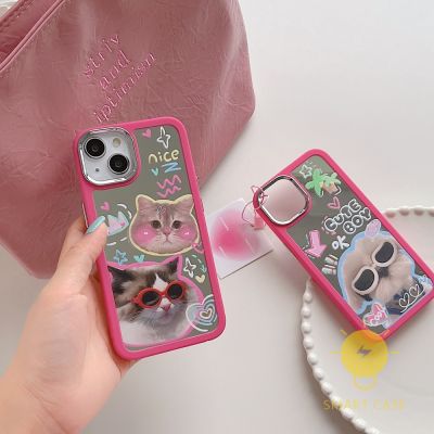 For เคสไอโฟน 14 Pro Max [Mirror Rose Red Puppy Cat] เคส Phone Case For iPhone 14 Pro Max Plus 13 12 11 For เคสไอโฟน11 Ins Korean Style Retro Classic Couple Shockproof Protective TPU Cover Shell