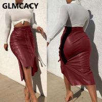 Women High Waist Bodycon Belt PU Skirts Slit Sexy &amp; Club Streetwear Pencil Leather Skirt