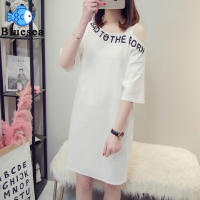 Women Short-sleeved T-shirt Dress Loose Letter Printing Off-shoulder Mid-length Dress Suitable For Casual Vacation Work Daily Wear