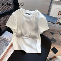 PEAR DODO เสื้อยืดแขนสั้นพอดีตัวแบบสั้นพิมพ์ลายบิกินี่สไตล์เกาหลีสำหรับผู้หญิง