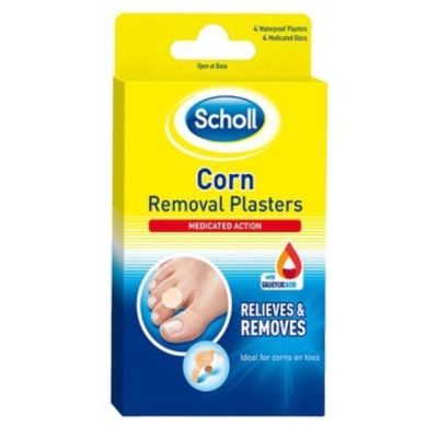 Scholl Corn Removal Plasters (จำนวน 1 กล่อง) สกอลล์ แผ่นแปะ พลาสเตอร์ยา พลาสเตอร์ สำหรับ ติดหูด ปิดตาปลา (บรรจุ 4 แผ่น/กล่อง)