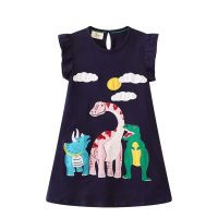 ZZOOI Summer Princess Girls Dresses Animals Cat Dragon Dinosaur Applique Cute Children Clothes Short Sleeve Baby Party Dress