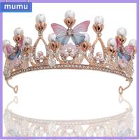 MUMU งานแต่งงาน รัดเกล้า Rhinestone แฮนด์เมด มงกุฏเจ้าหญิง Tiaras สำหรับเด็กผู้หญิง ที่คาดผมไข่มุก ผีเสื้อ