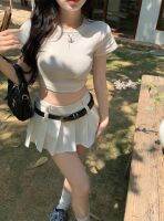 【CC】✔♠  A-line Low Waist Pleated Half length Short Skirt Womens Color Navel T-shirt Sleeve Pieces