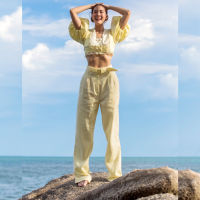 [PF22] JANESUDA Pants in yellow กางเกงขายาว กางเกงแต่งลูกไม้ กางเกงสีเหลือง