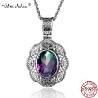 SILVERCHAKRA Big Mystic Topaz อัญมณี Victorian R สร้อยคอจี้สำหรับผู้หญิง Floral Filigree Handmade 925เงิน Fine Jewelry