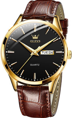 OLEVS Amazon Watches,Brown Leather Watch for Men,Men Day Date Watch,Mens Luminous Watch,Dress Watch for Men,Rose Gold Watch for Men,Mens Fashion Quartz Watch,Waterproof Brown Man Watches brown leather black dial