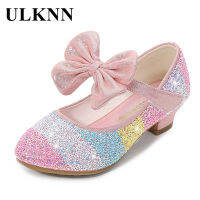 รองเท้าหนังเด็กผู้หญิง Princess 2023รองเท้าเด็ก Round-Toe Soft-Sole Big Girls High Heel Princess Crystal Shoes