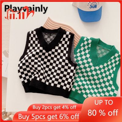 （Good baby store） 2022 Korean Spring Baby Girl Boy Vest Knitting V-neck Sleeveless Black Green Chessboard Waistcoat Sweater Wool Clothes E391