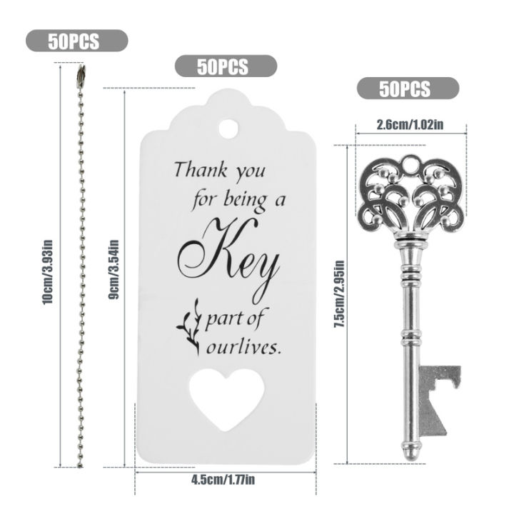 50ชิ้นกุญแจที่เปิดขวดโลหะรูปมงกุฎที่เปิดเบียร์ที่มีบัตรติดและห่วงโซ่สำหรับงานแต่งงานที่เปิดเบียร์กุญแจที่เปิดขวดสำหรับงานแต่งงาน