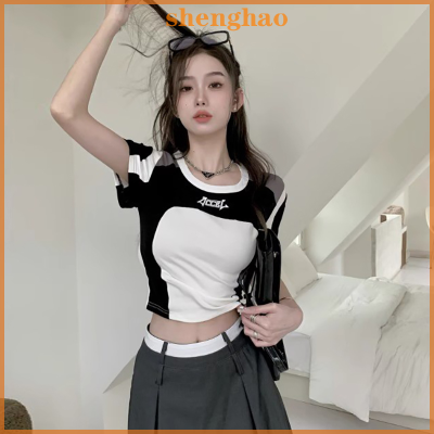 shenghao เสื้อเอวลอยลำลองมีสายคาดสำหรับผู้หญิงเสื้อวินเทจแบบเกาหลีแขนสั้น