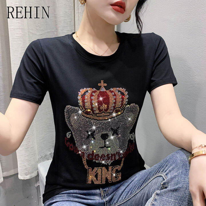 rehin-เสื้อยืดแขนสั้นผู้หญิง-ดีไซน์ใหม่การ์ตูนสว่านร้อนหลวมและย้อนยุคคอกลมเสื้อเข้ารูปพอดีลำลอง