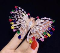 1pc 38x60mm golden plated multi color Cz micro butterfly brooch