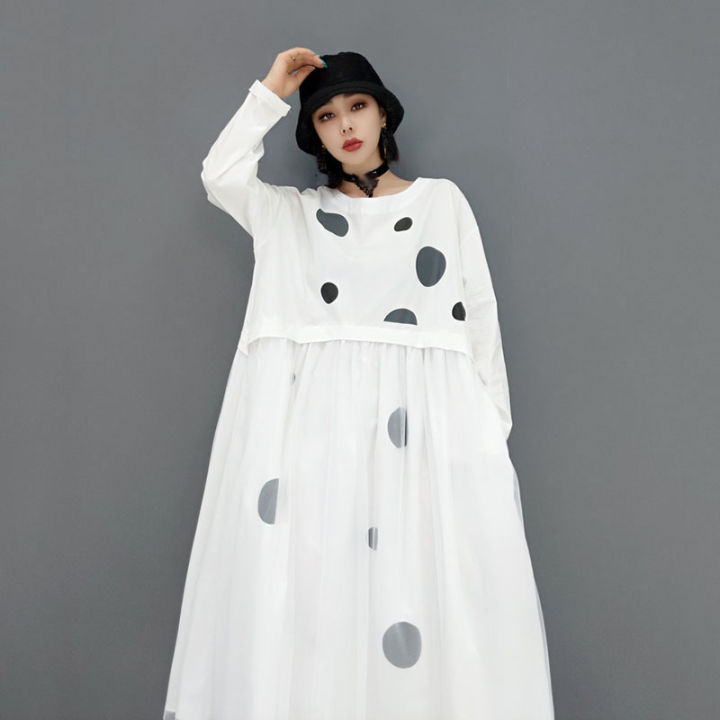 xitao-dress-loose-fashion-casual-women-mesh-patchwork-dot-print-shirt-dress