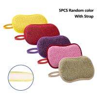 5pcs Sided With Handle Anti Scratch Reusable Multicolored Non Stick Dish Sponge Utensils Microfiber Machine Washable